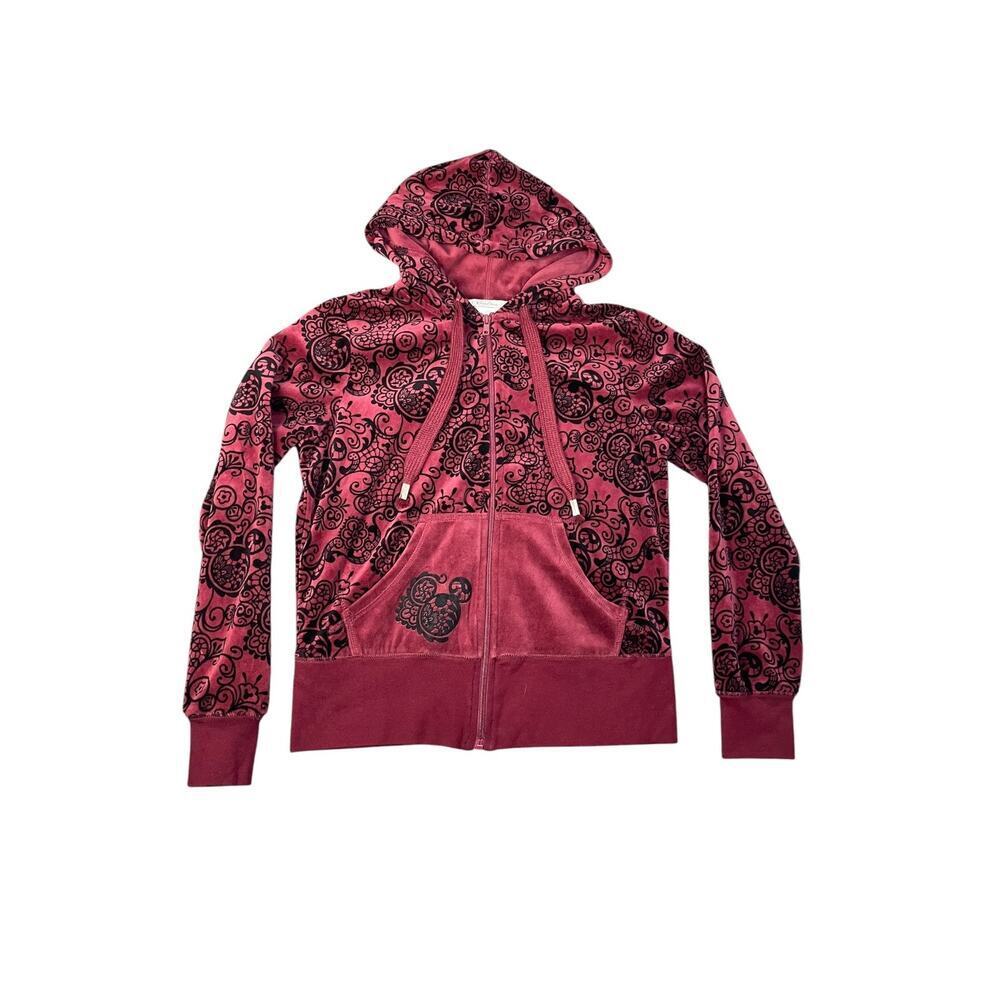 Disney Parks Women’s Burgundy Mickey Mouse Velour Zip Up Hoodie Size-Medium